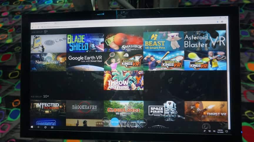 VR game selection kiosk at Play and Spin in Niles Illinois showing the available virtual reality games