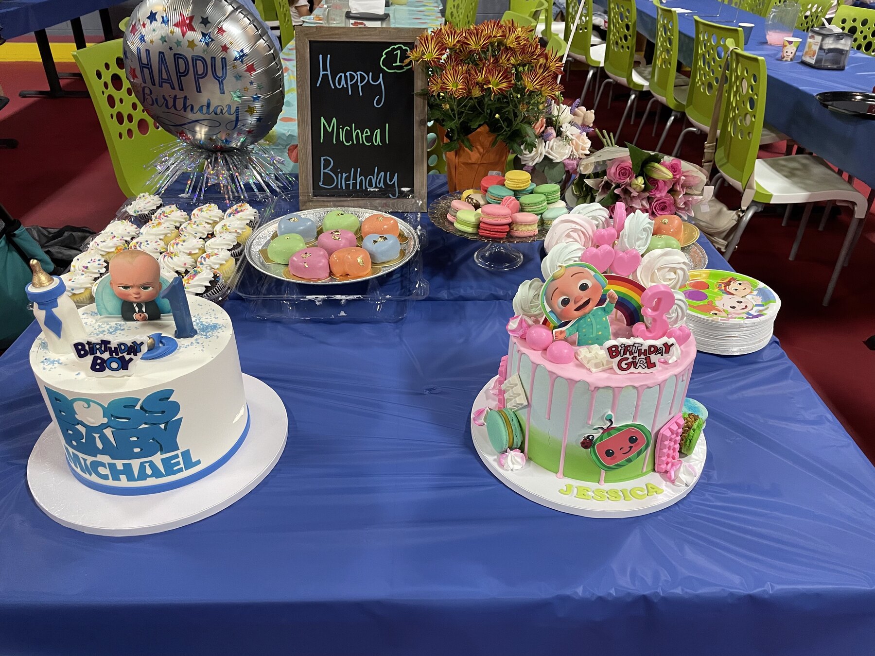 Birthday cakes and dessert table at Play and Spin party area in Niles Illinois