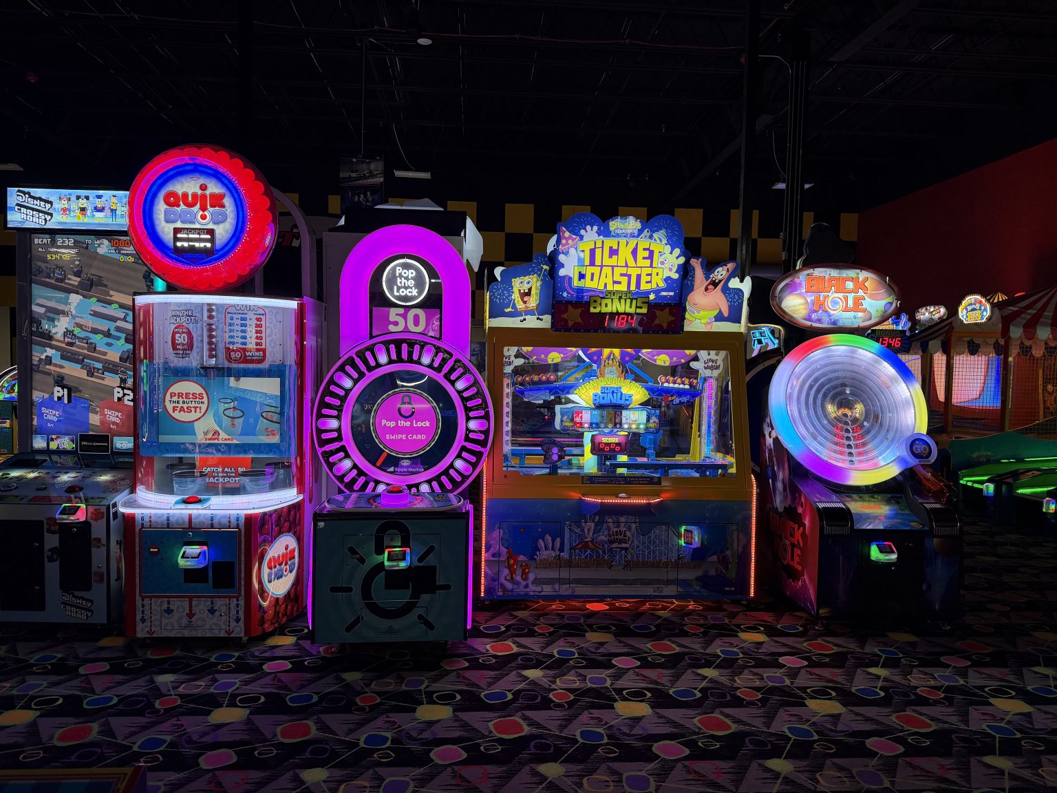 Prize ticket redemption games at the indoor arcade at Play and Spin in Niles Illinois